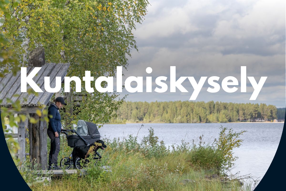 Nainen ulkoiluttaa koiraa ja vauvaa vaunuissa. Kuvassa lukee: Kuntalaiskysely
