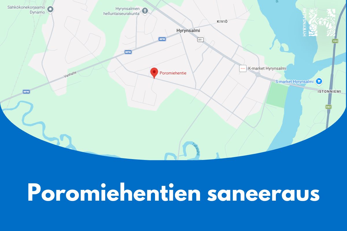 Kuva Hyrynsalmen kartasta. Kuvassa lukee Poromiehentien saneeraus