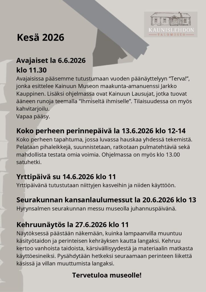 Kaunislehdon talomuseon kesän 2026 tapahtumat